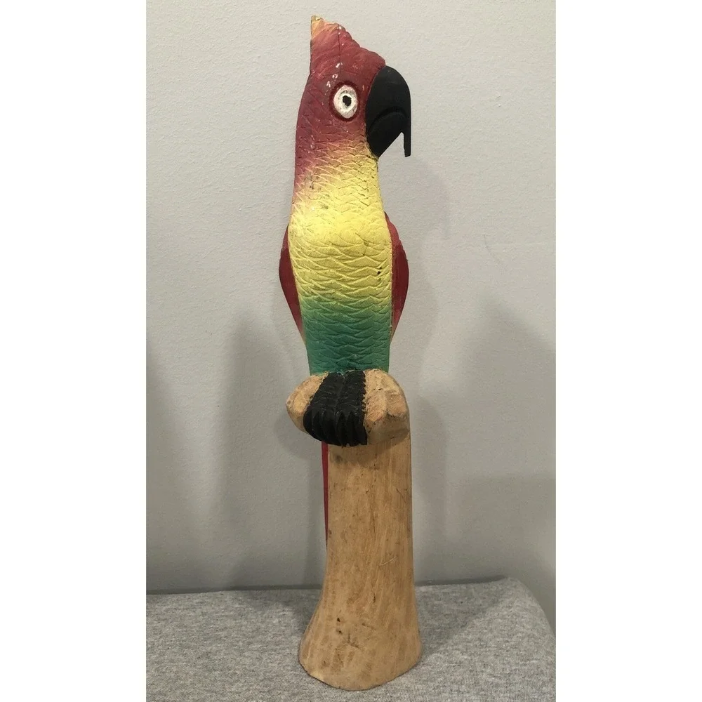 HandCarved Wood Parrot Sculpture Colorful Tropical Bird Decor 13